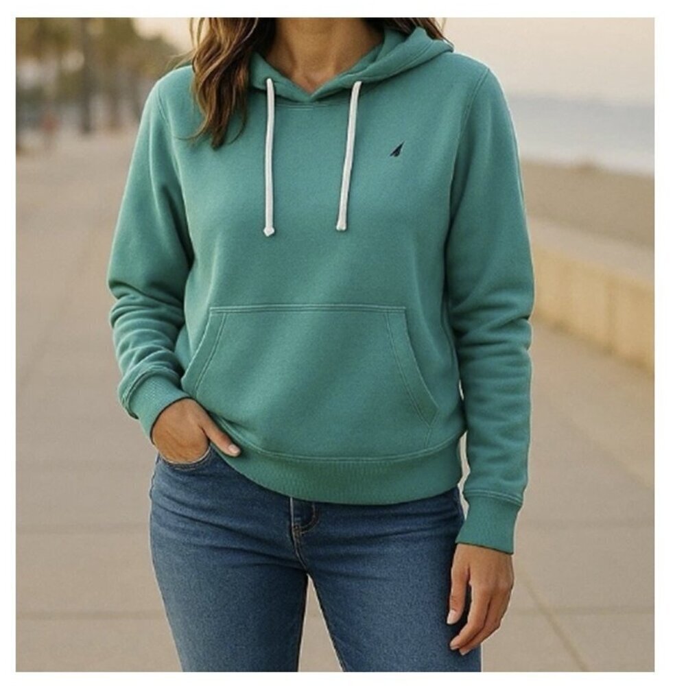 Nautica New V-Neck Pullover Relaxed Knit Fleece Teal Sweatshirt Hoodie